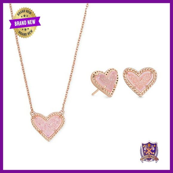 Rose Gold Heart Jewelry Set with Pendant Necklace and Stud Earrings